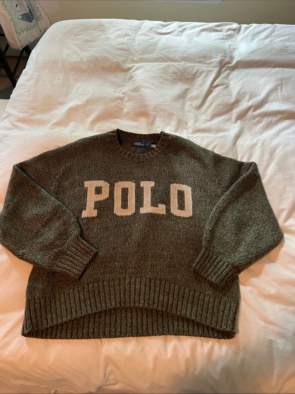 Polo by Ralph Lauren Olive Crewneck Sweater with Cream POLO Lettering